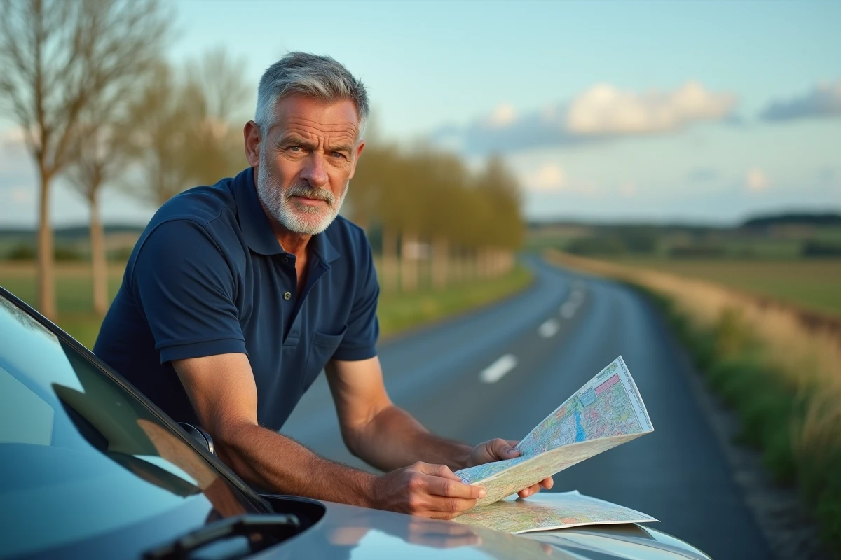 Homme consultant une carte Michelin dépliée appuyé sur sa voiture sur une route de campagne française pendant un trajet en voiture