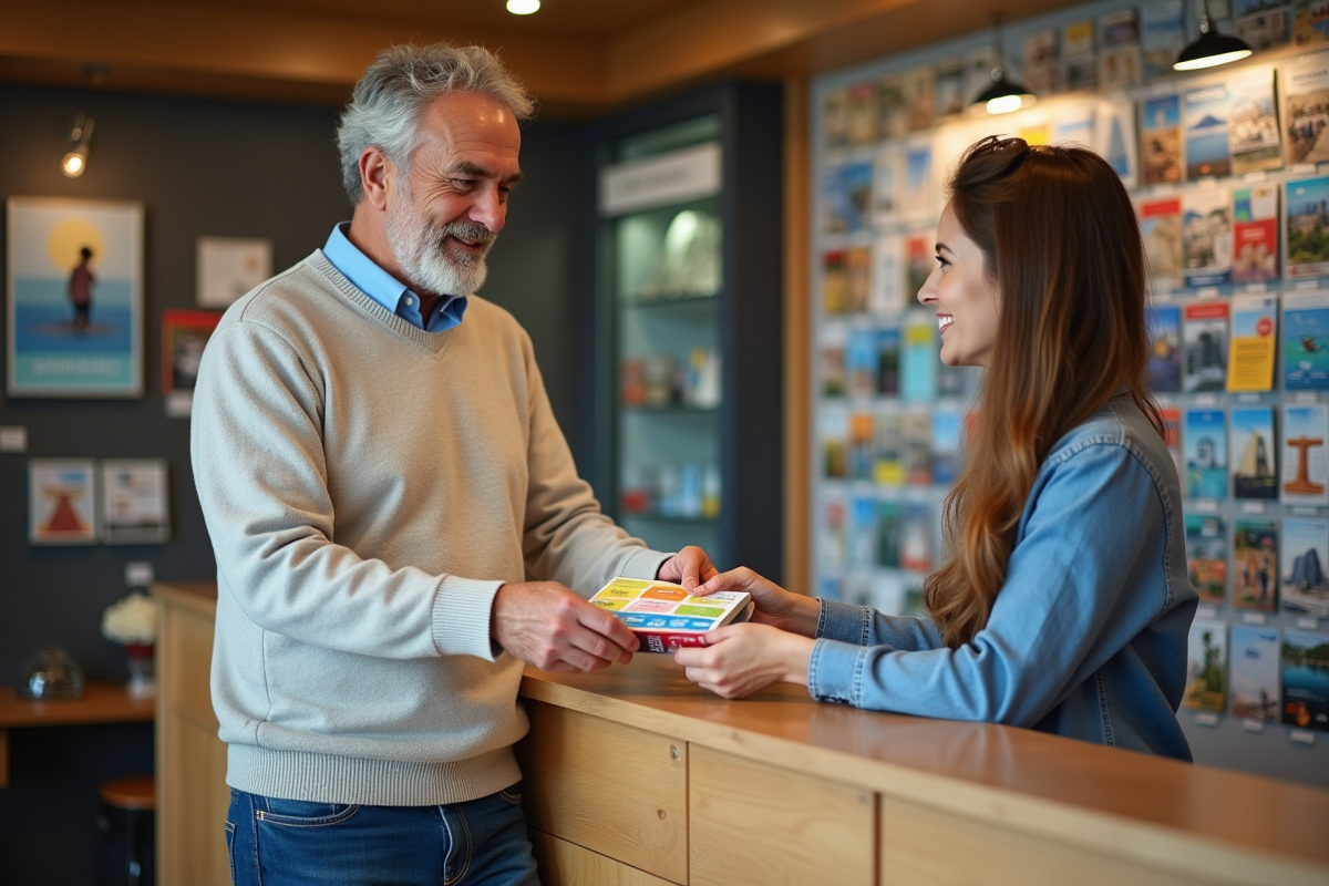Homme remettant un chéquier vacances à un agent de voyage
