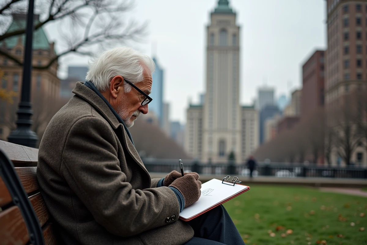 Homme âgé esquissant le Woolworth Building dans le parc