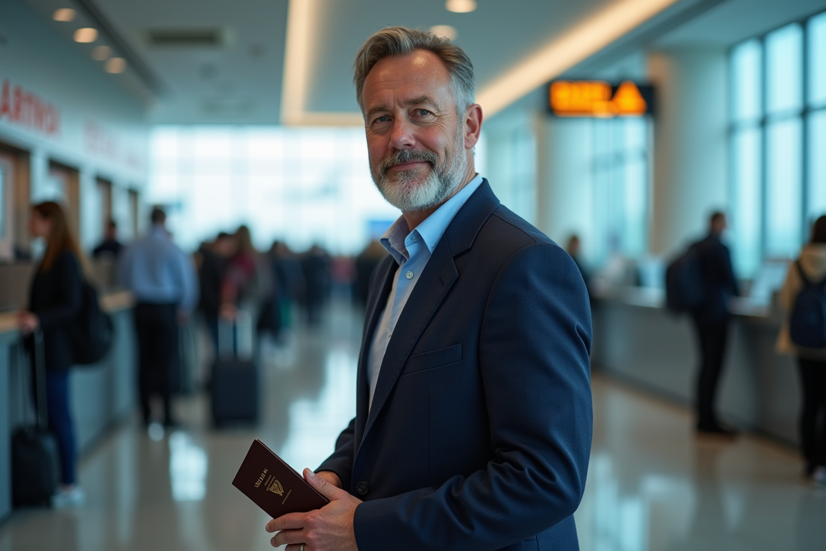 Homme patient en ligne au comptoir de visa aéroport