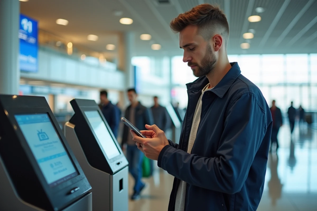 Jeune homme scanne son billet à la borne d