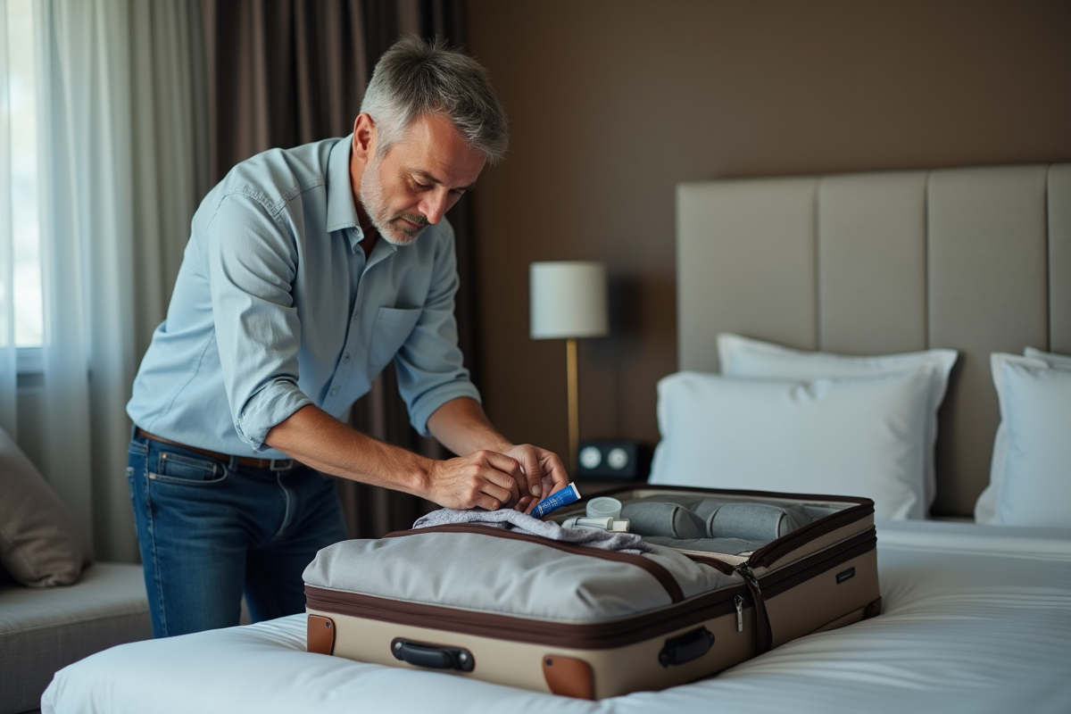 Homme en voyage prépare ses affaires dans une chambre d