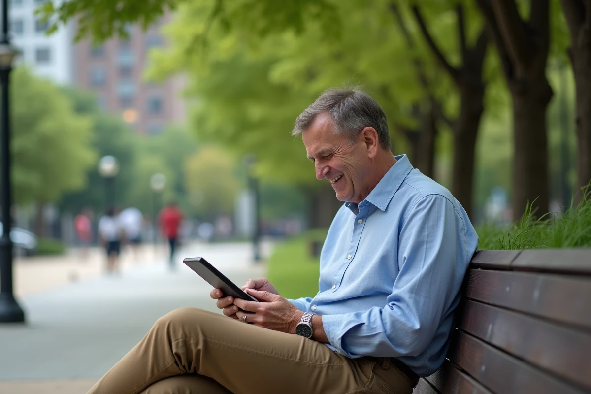 Homme d age lisant un e-reader dans un parc urbain