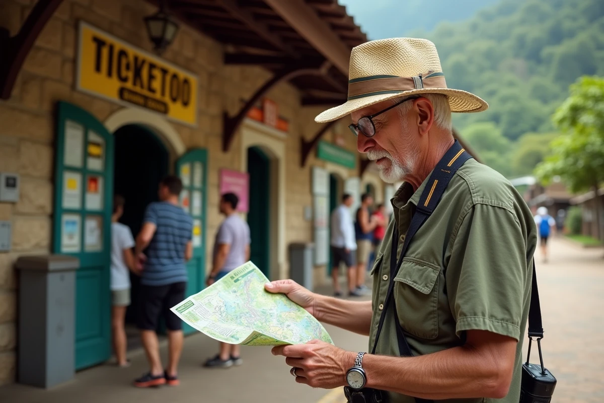 Homme âgé étudiant une carte devant la station du train Corcovado