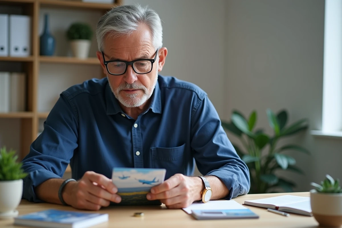 Homme mature consultant une carte cadeau voyage Selectour à son bureau, ambiance rassurante et professionnelle