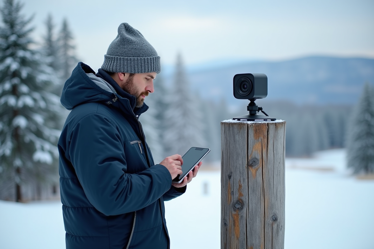 Homme en veste et bonnet vérifiant une tablette dans la neige à Le Bessat
