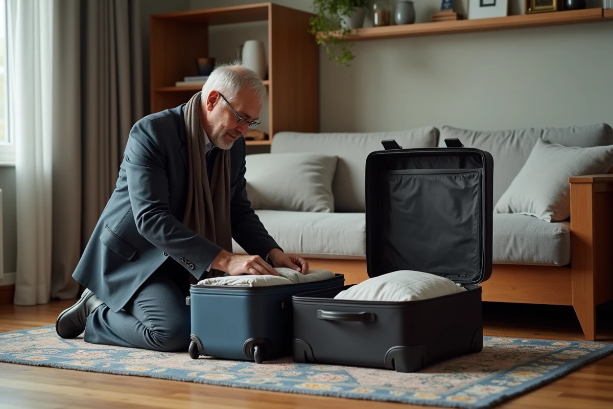 Homme rangeant valises dans son salon