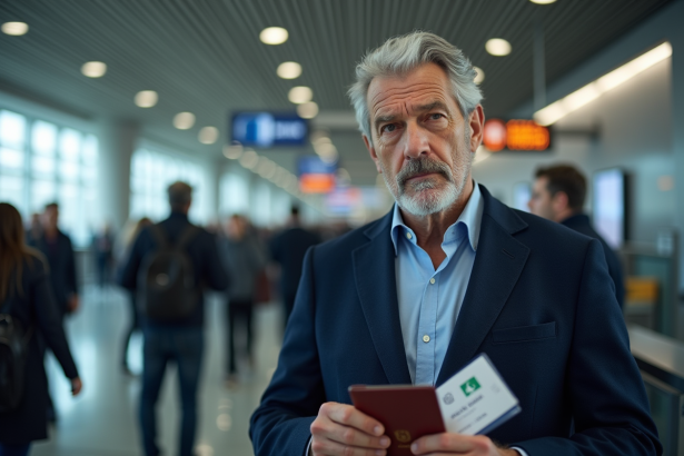 Homme d'âge moyen avec passeport à l'aéroport européen