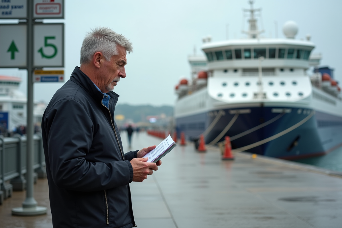 Homme regardant ses documents devant un ferry en port