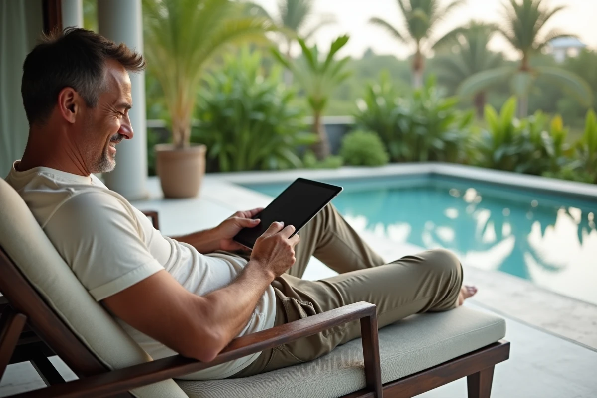 Homme détendu dans un lounge balinais regardant sa tablette