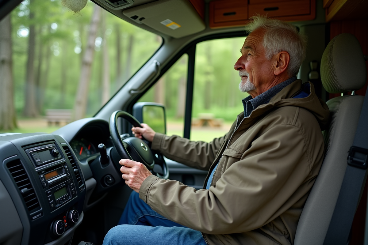 Homme retraité dans la cabine d’un van en forêt