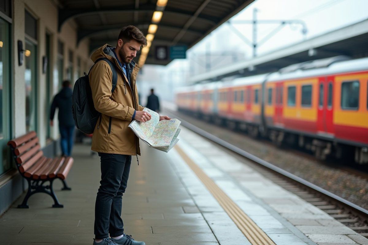 Homme vérifiant pass et carte à la gare
