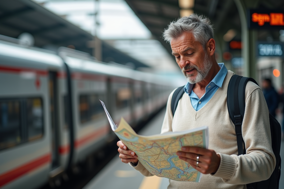 Homme étudiant une carte à la gare de Paris