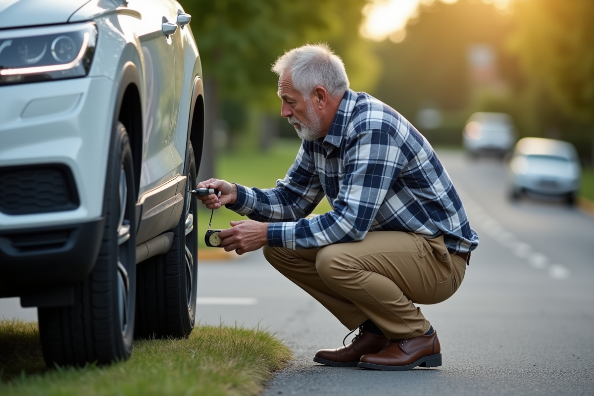 Homme vérifiant la pression du pneu de son SUV dans la rue