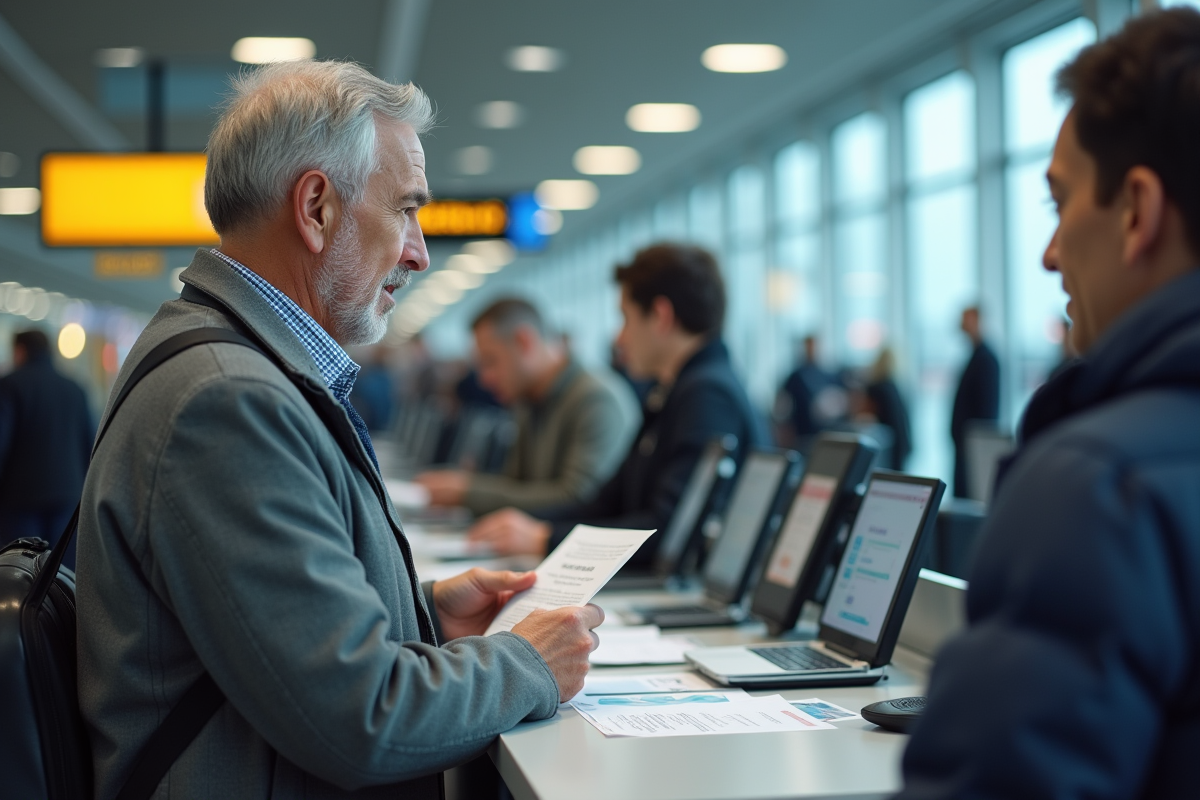 Homme vérifie ses papiers de voyage au comptoir d