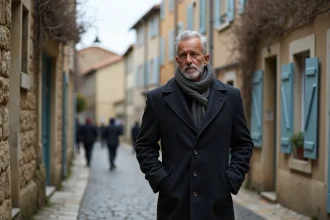 Homme d'âge moyen dans un village de Leucate en hiver