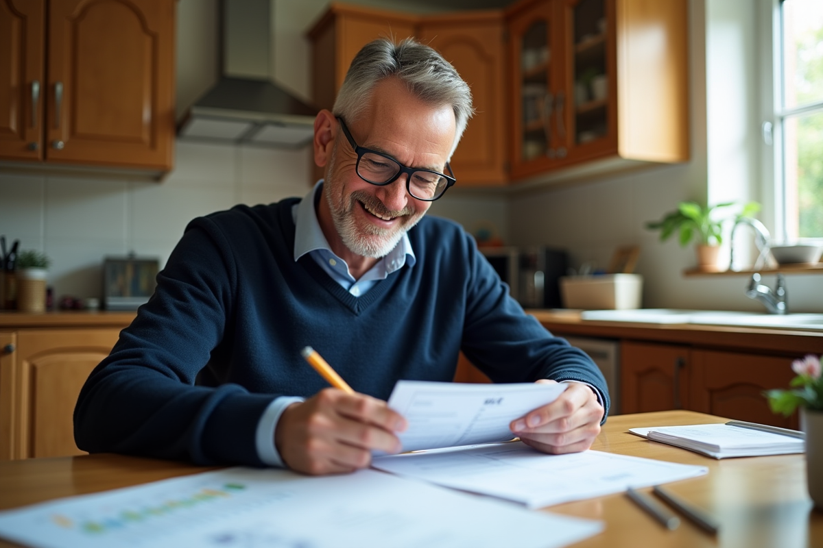Homme souriant vérifiant un formulaire de visa à la maison