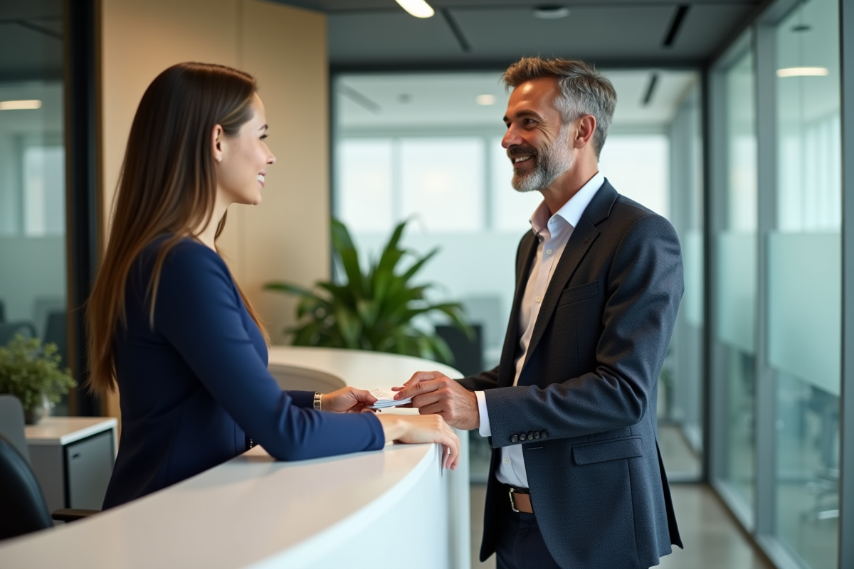 Homme professionnel remettant des chèques vacances à la réception