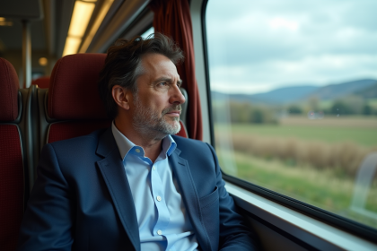 Homme d'âge moyen dans un train européen moderne