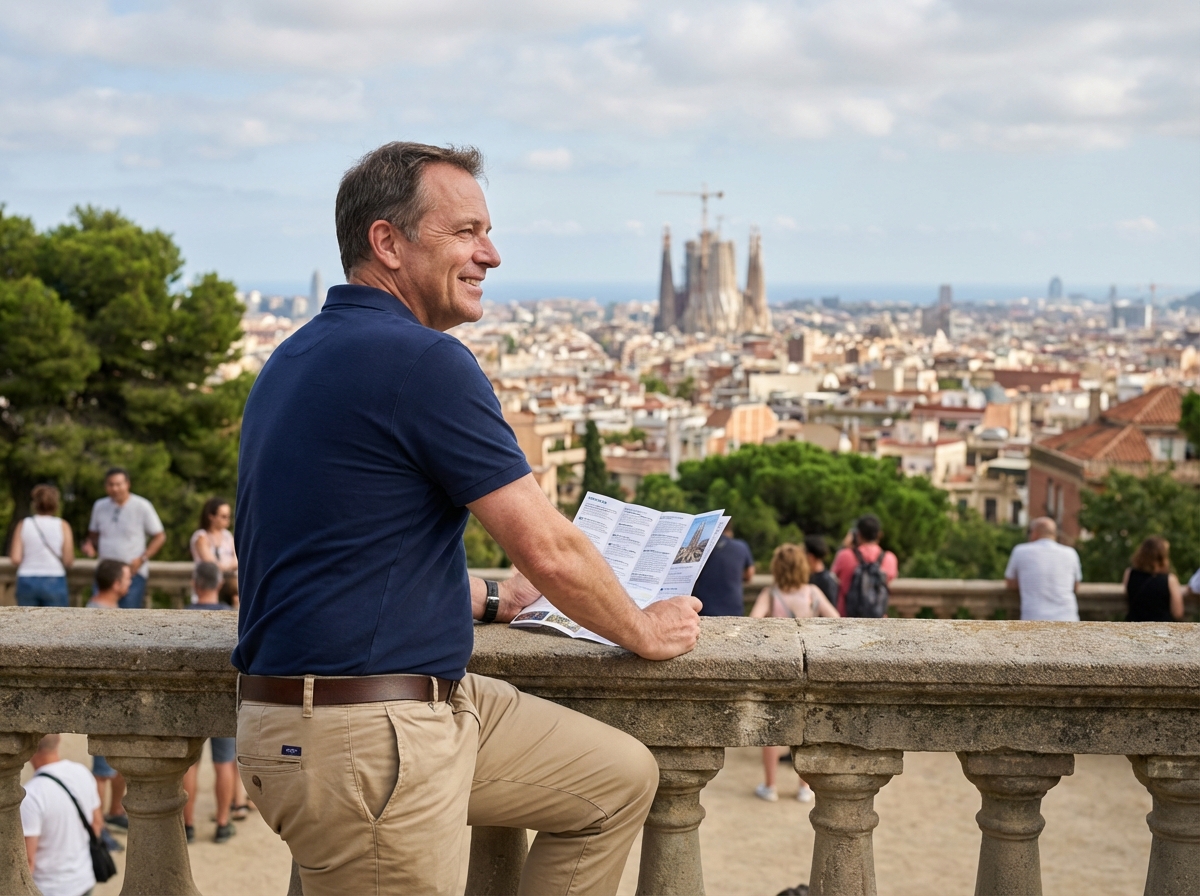 Homme souriant regardant la ville de Barcelone depuis un point de vue