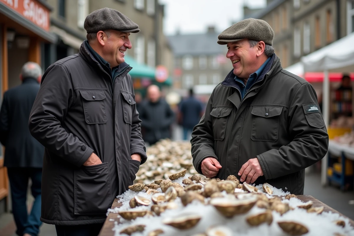 Deux hommes souriants échangeant au stand de fruits de mer