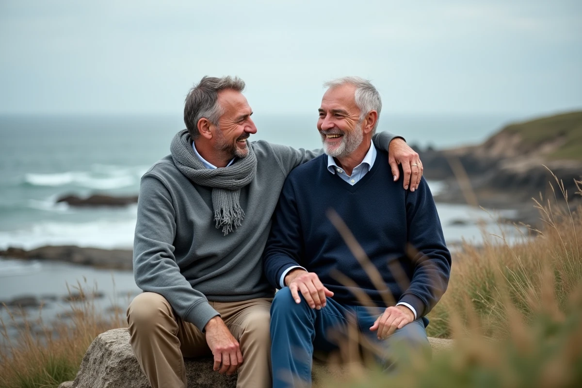 Deux hommes souriants assis sur un rocher à la côte