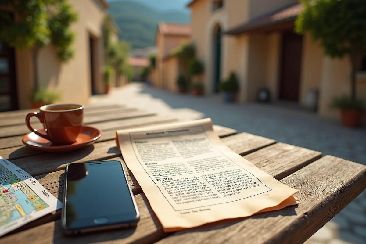 Horaire imprimé de la Micheline corse et smartphone posés sur une table de café en terrasse en Corse