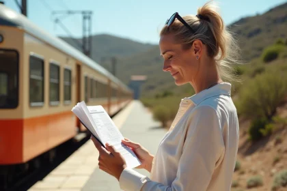 Femme tenant un horaire papier Micheline corse et son smartphone sur un quai de gare en Corse
