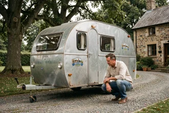 Homme inspectant une caravane Eriba Puck d'occasion garée devant une maison en pierre, vérifiant le châssis avant achat