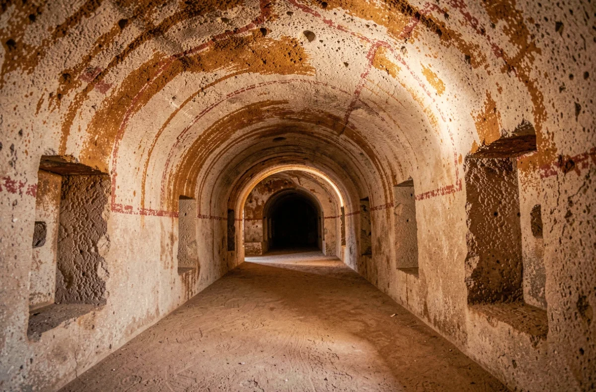 Intérieur de l'hypogée de Saflieni à Malte, chambre souterraine taillée dans le calcaire avec des murs courbés et des traces de pigments ocres anciens