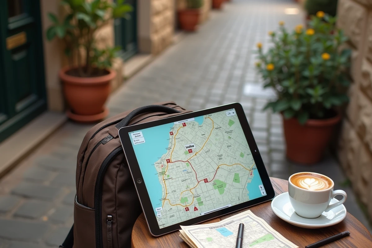 Tablette affichant un itinéraire Mappy hors connexion posée sur une table de café en village européen avec carte papier