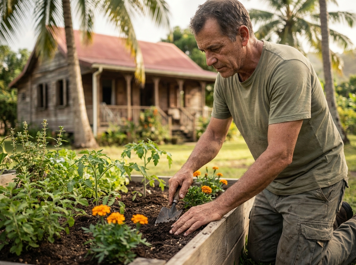 Homme entretenant un potager surélevé dans le jardin d'un gîte écoresponsable en Guadeloupe avec maison créole traditionnelle en arrière-plan