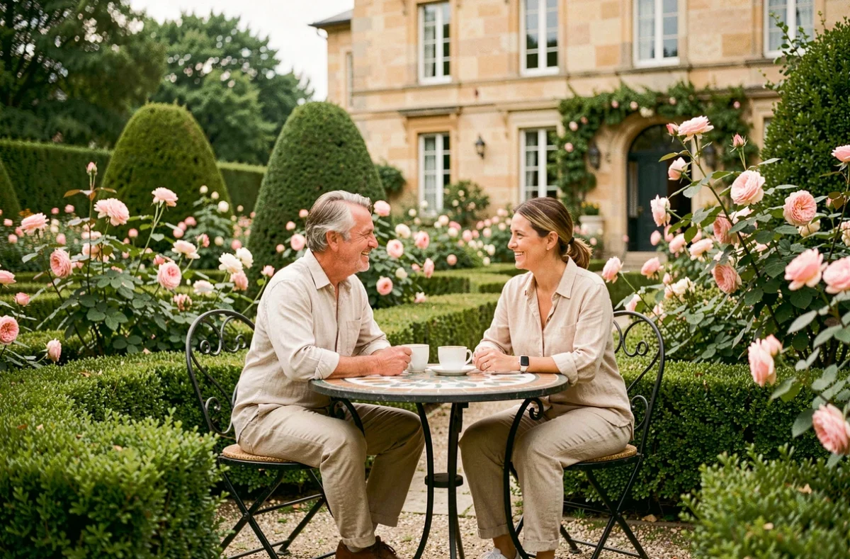 Terrasse fleurie des Jardins de l'Hacienda avec couple prenant le café parmi les rosiers et haies de buis