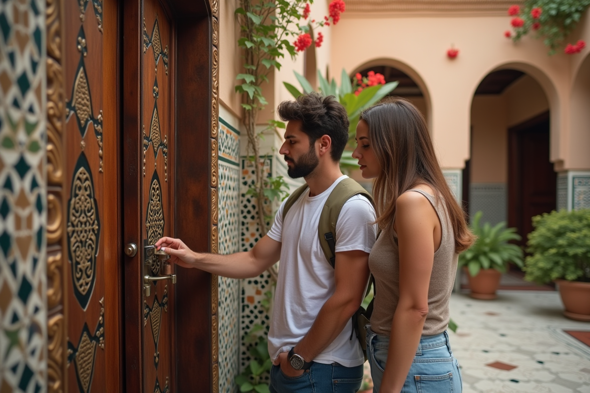 Jeune couple examinant une serrure sur une porte de riad