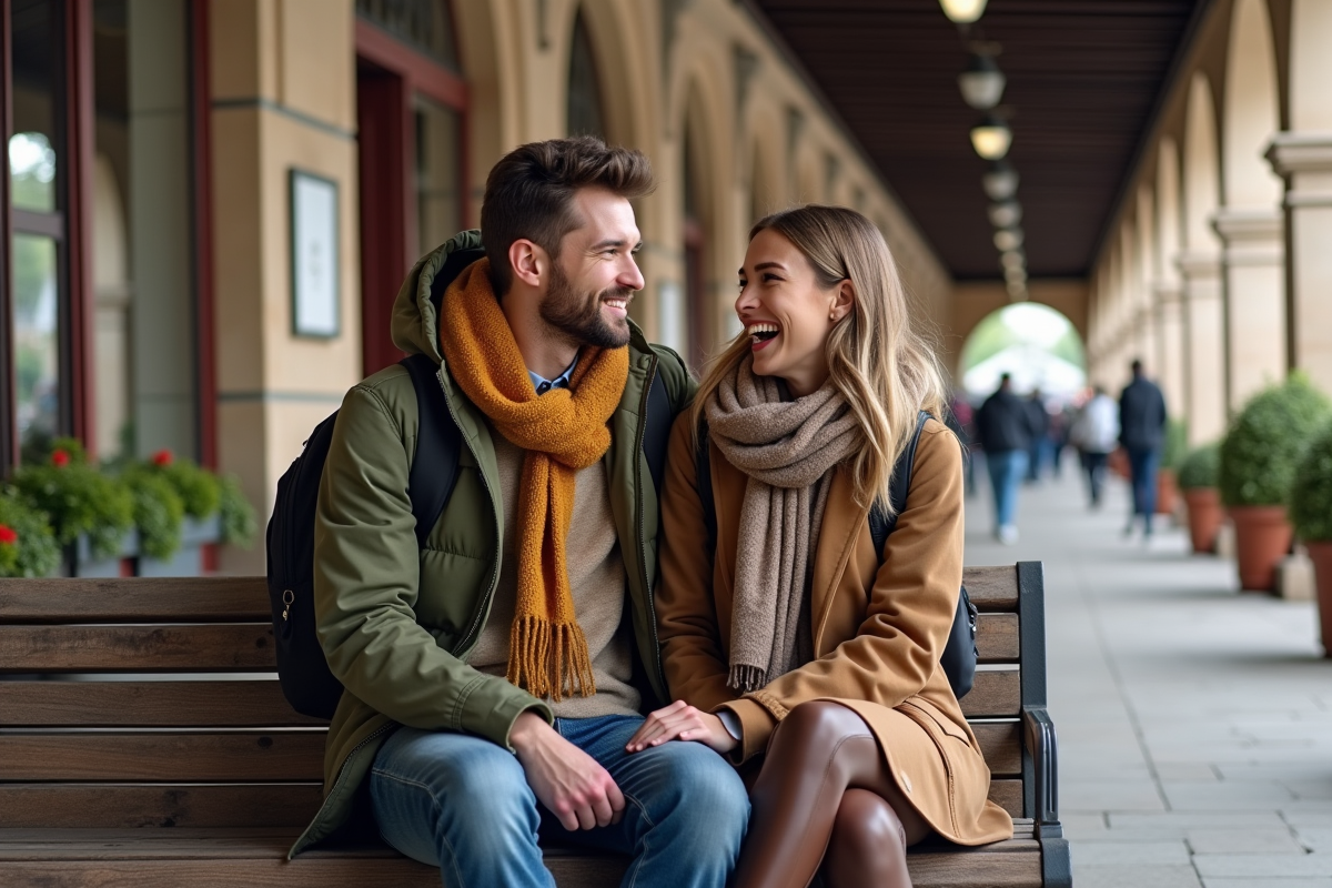 Jeune couple souriant devant une gare restaurée