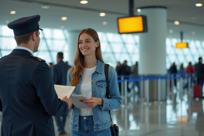 Jeune femme souriante à l'aéroport avec passeport et billet
