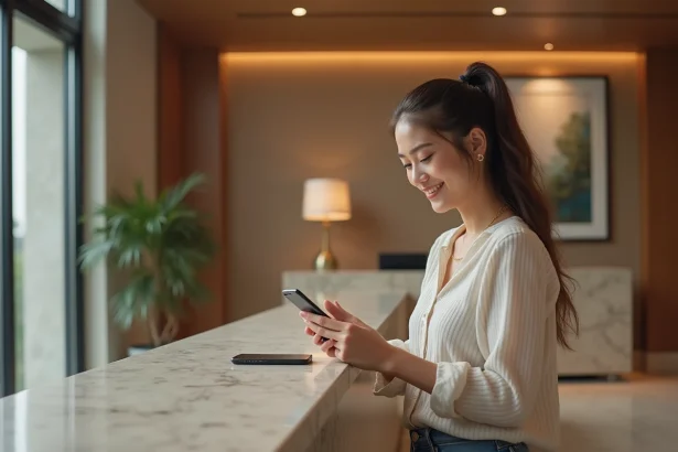 Jeune femme regardant son smartphone dans un hall d'hôtel