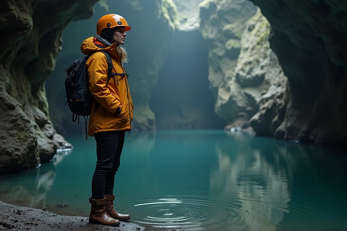 Jeune femme observant un lac souterrain dans une grotte