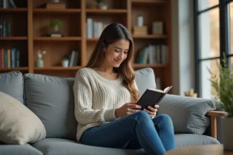 Jeune femme lisant un e-reader dans un salon cosy