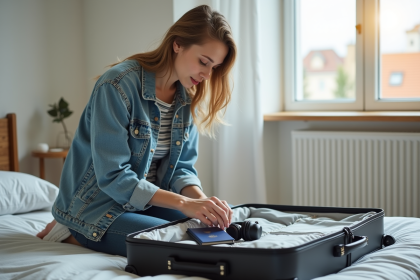 Jeune femme organise sa valise dans une chambre lumineuse