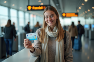 Jeune femme souriante avec carte d'identite a l'aeroport