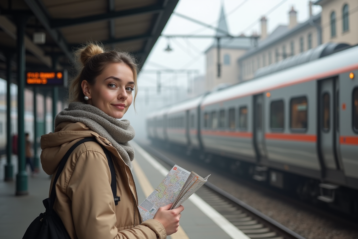 Jeune femme sur une plateforme de train en matinée