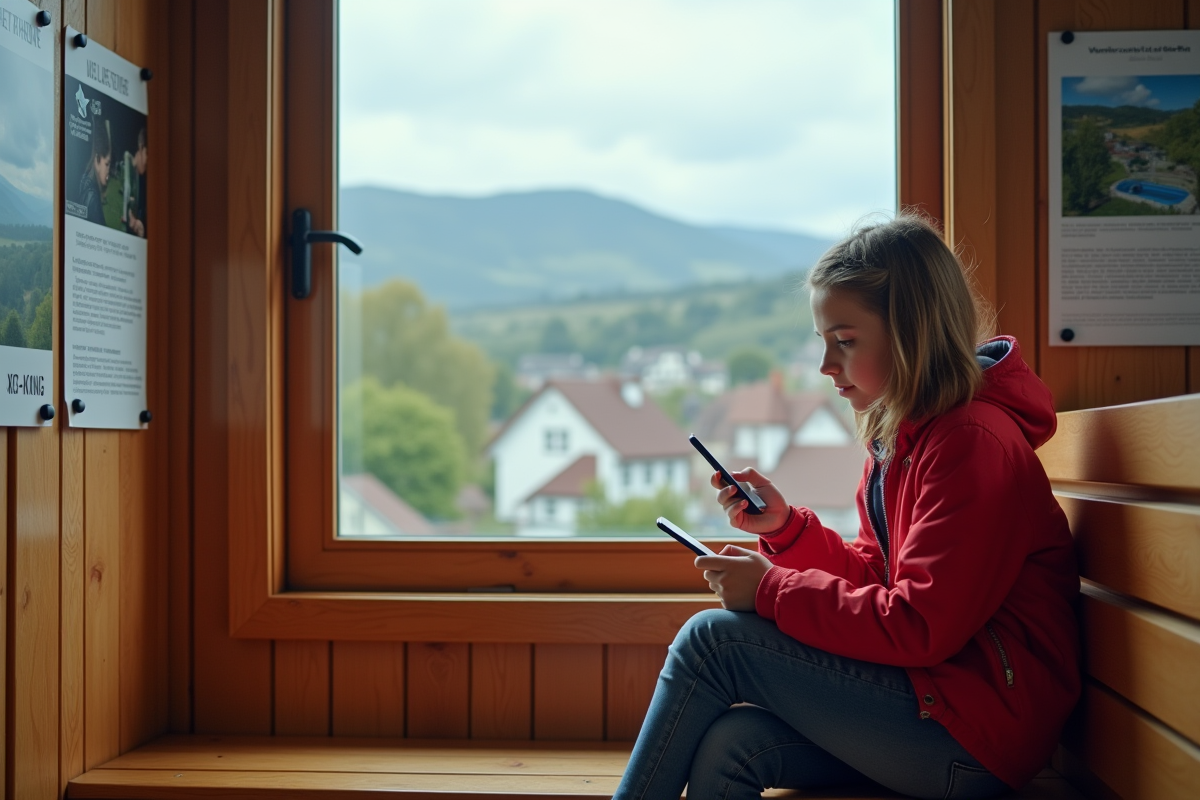 Jeune fille regardant son smartphone près de la fenêtre à Le Bessat
