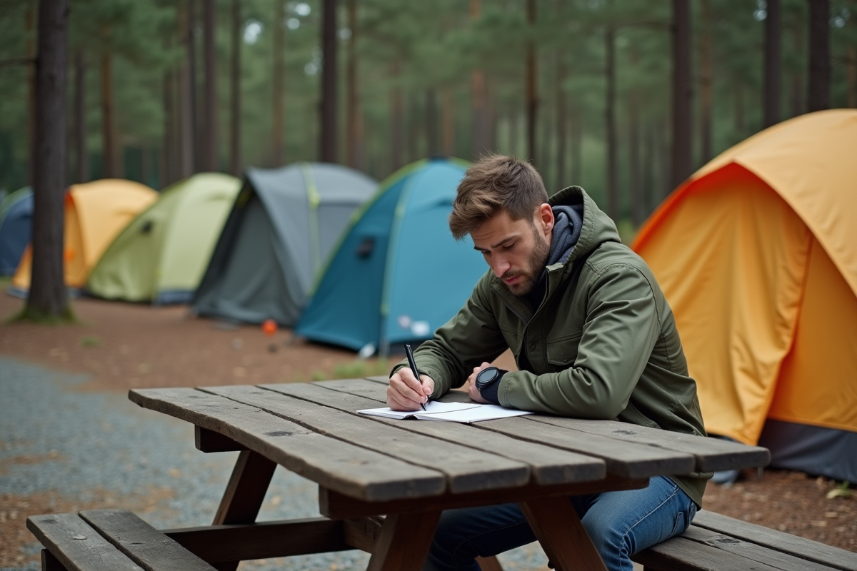 Jeune homme écrivant à une table de pique-nique en camping