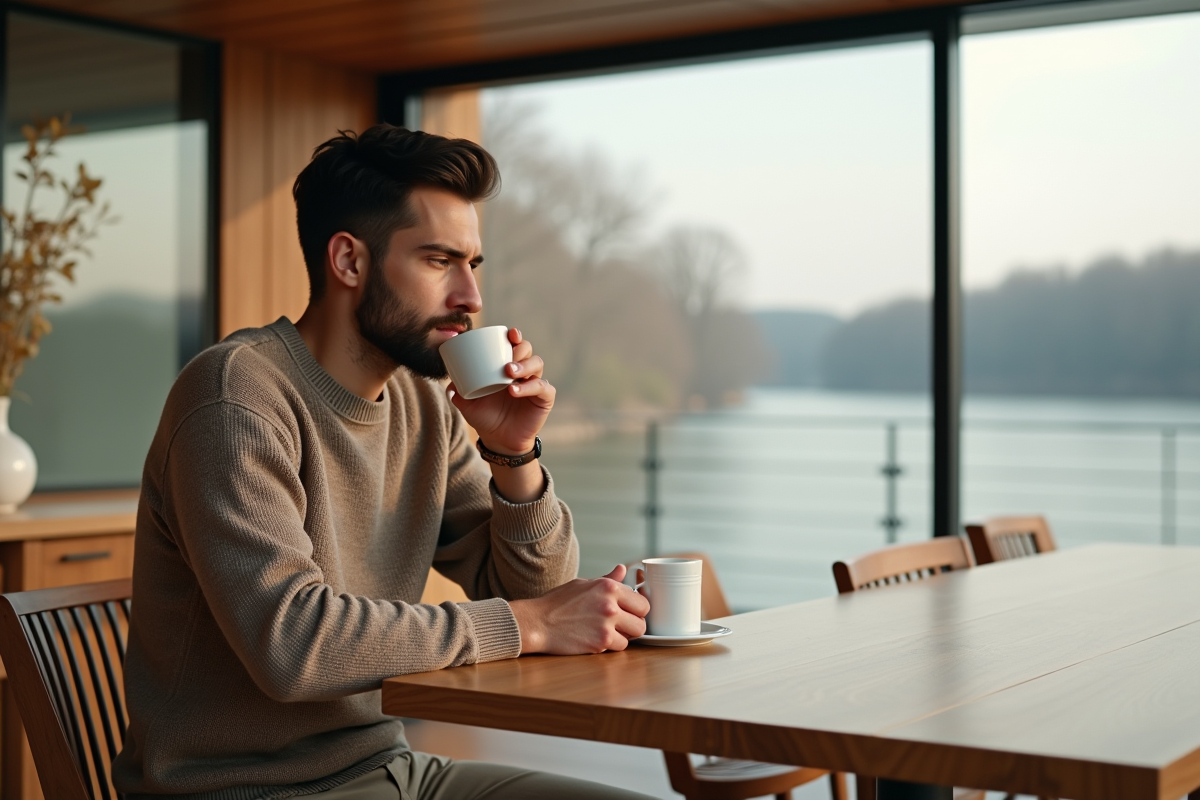 Jeune homme buvant un café dans une maison flottante moderne