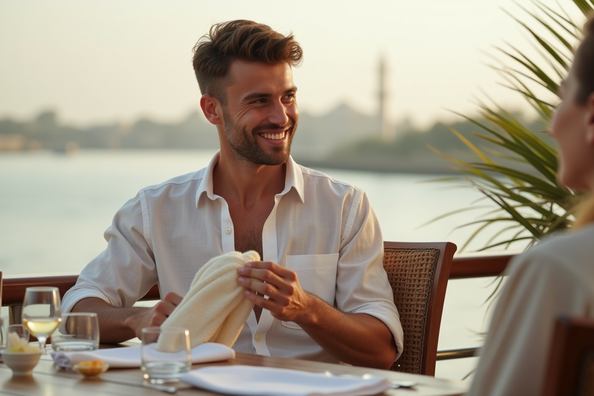 Jeune homme examinant un filet moustiques sur un bateau Nile