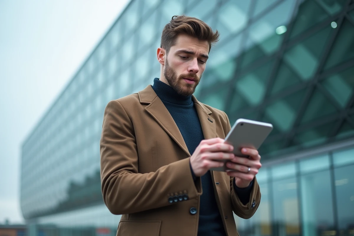 Jeune homme islandais en extérieur devant Harpa
