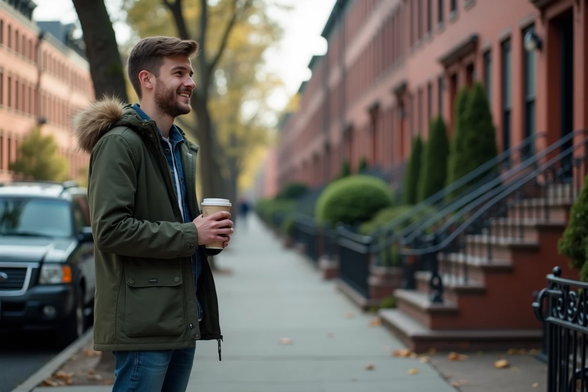 Jeune homme souriant dans une rue résidentielle de Staten Island