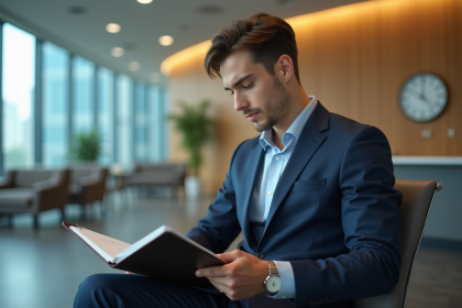 Jeune homme en costume cravate dans une salle d'attente officielle