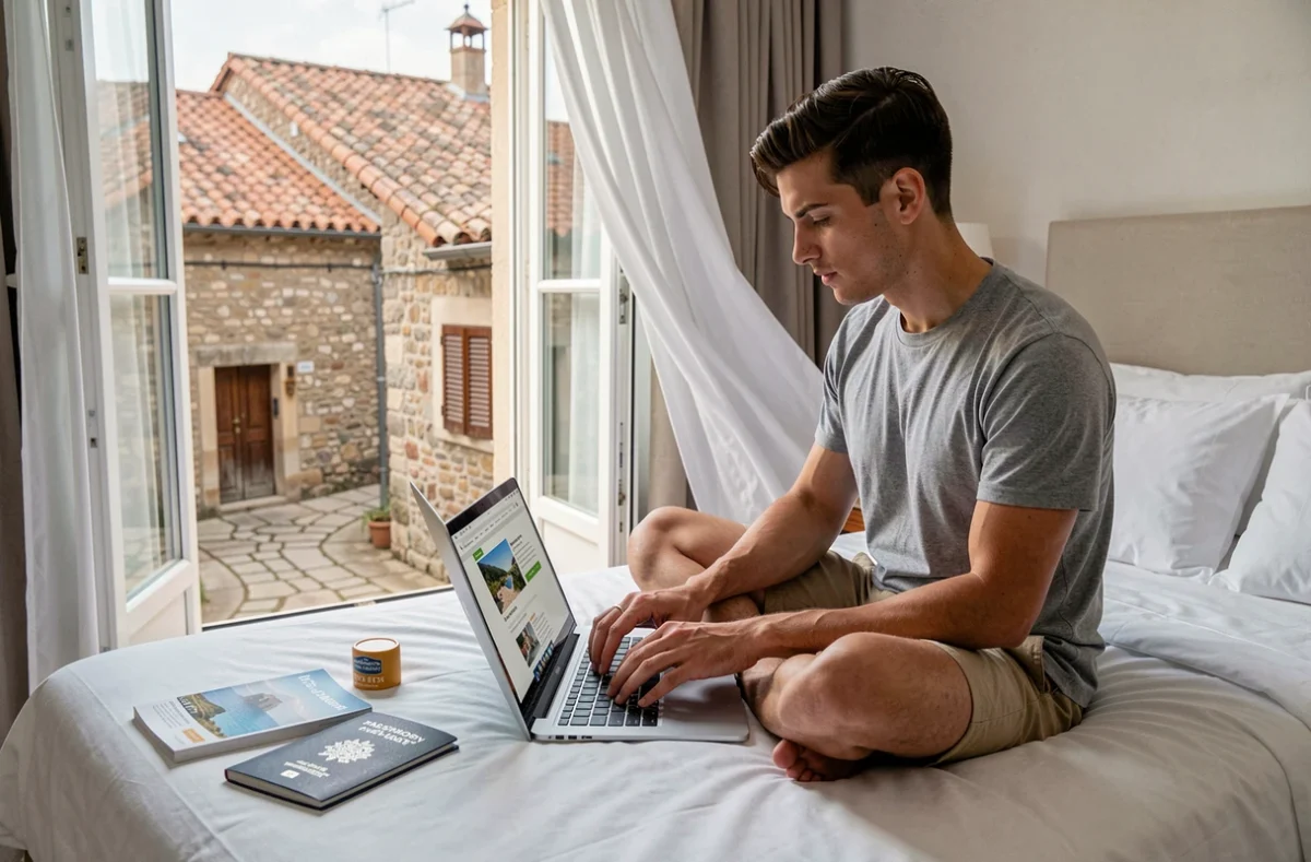 Jeune homme préparant son voyage méditerranéen sur ordinateur portable dans une chambre d'hôtel